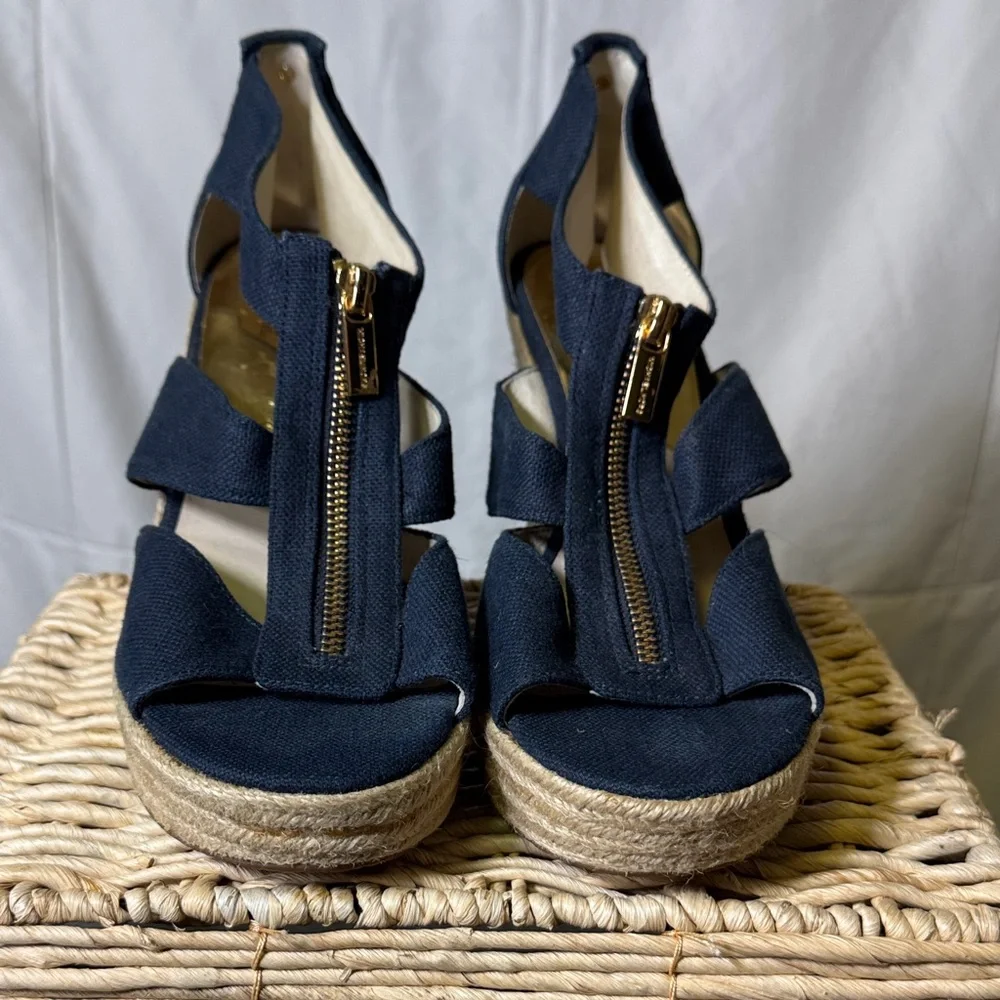 Michael Kors‎ Navy Canvas Espadrille Wedge Sandals Gold Zip Size 9.5
